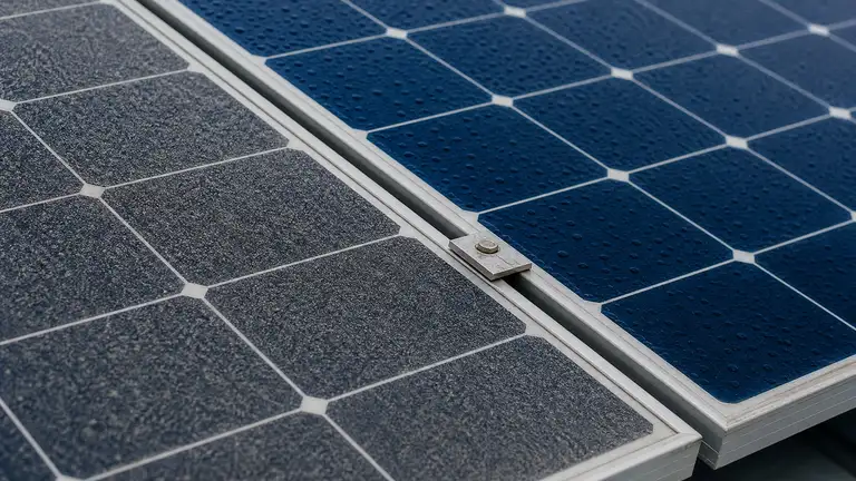 Two rooftop solar panels side by side, one dust-filmed and one cleaned to clear blue