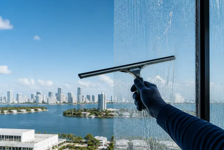 Squeegee mid-stroke on floor-to-ceiling commercial glass, cleaned half showing clear sky