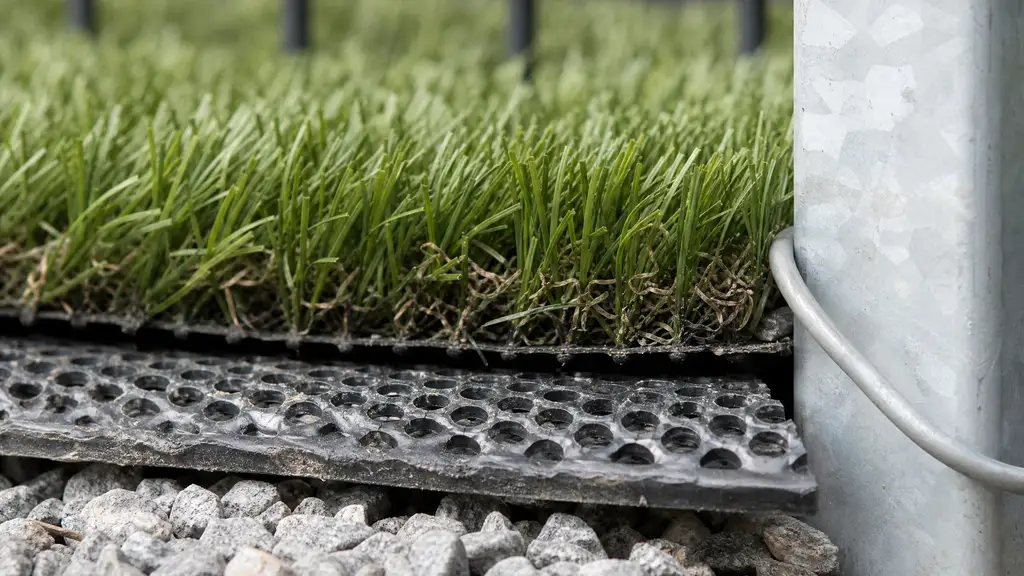 Artificial turf lifted at the edge to show perforated drainage backing and infill layer