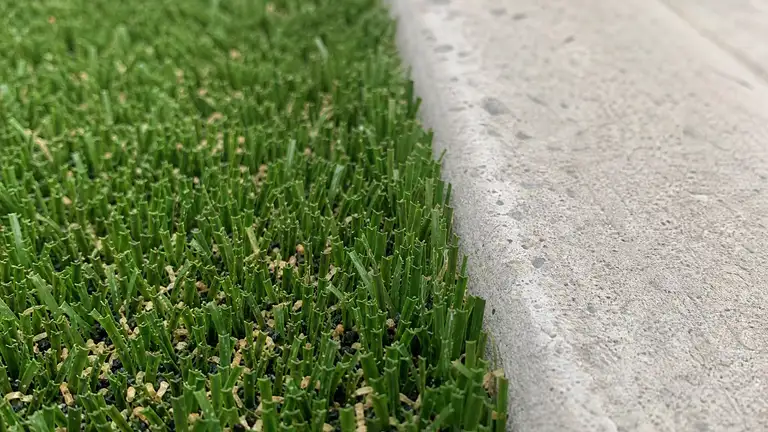 Artificial turf blades meeting a concrete median curb edge