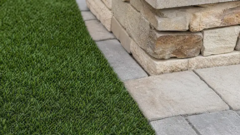 Artificial turf meeting a paver patio edge beside a planter base
