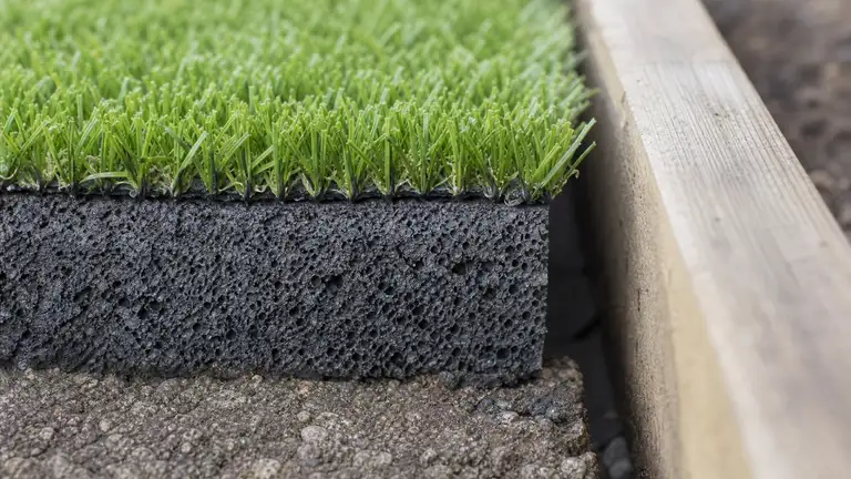 Artificial turf over its shock pad, foam underlayer visible at the border edge